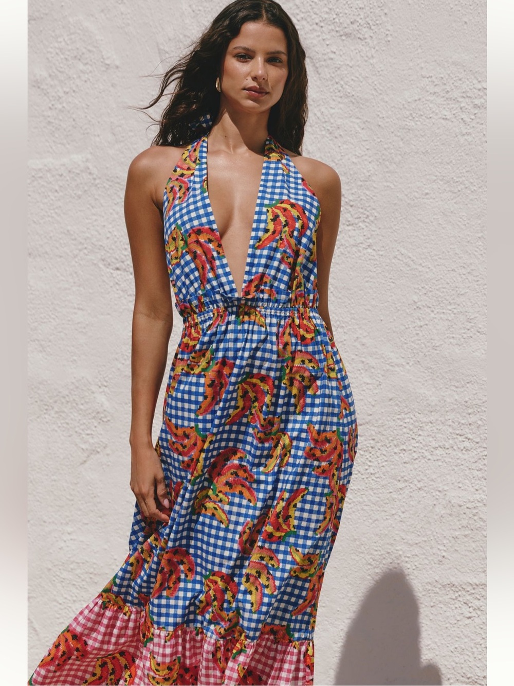 Farm Rio Gingham Halter Maxi Dress with Tropical Print - Picture 2 of 3